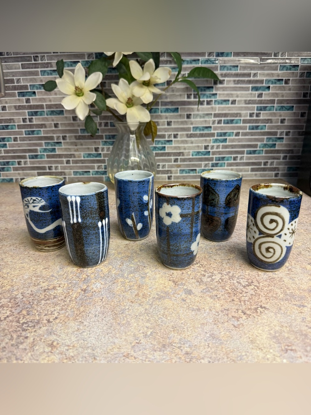 Vintage Set of 6 1960s Japanese Ceramic Sake Tea Cups